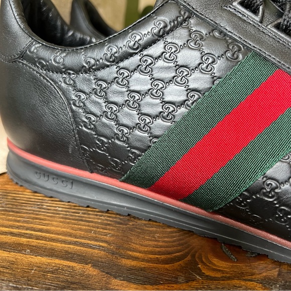❗️SOLD❗️GUCCI MicroGuccisima GG Web Detail  Black Leather Sneakers US14.5 - Picture 8 of 14
